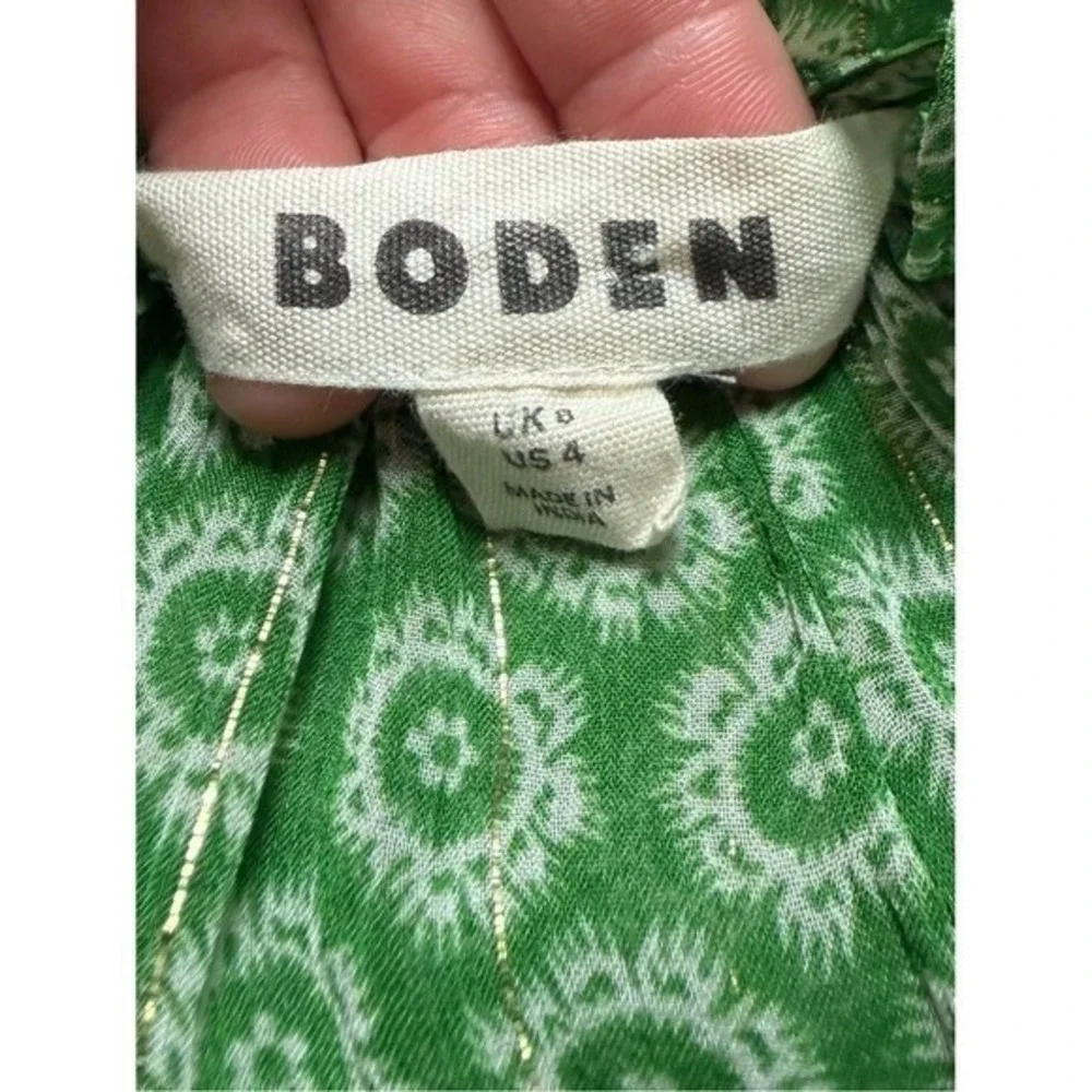 Boden‎ Green Paisley Metallics Smocked Blouse 4 Garden Boho Coastal Cottagecore